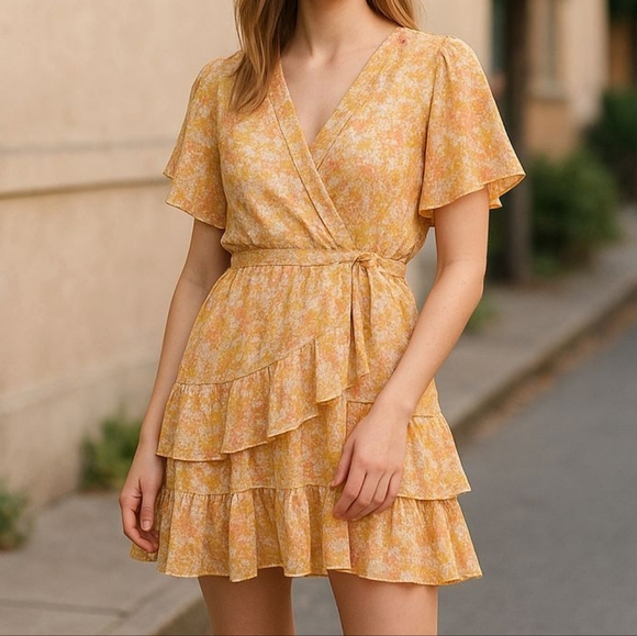 1. State Yellow Floral Tiered Blouson Flutter Sleeve Spring Dress XL. B13 - Picture 8 of 15